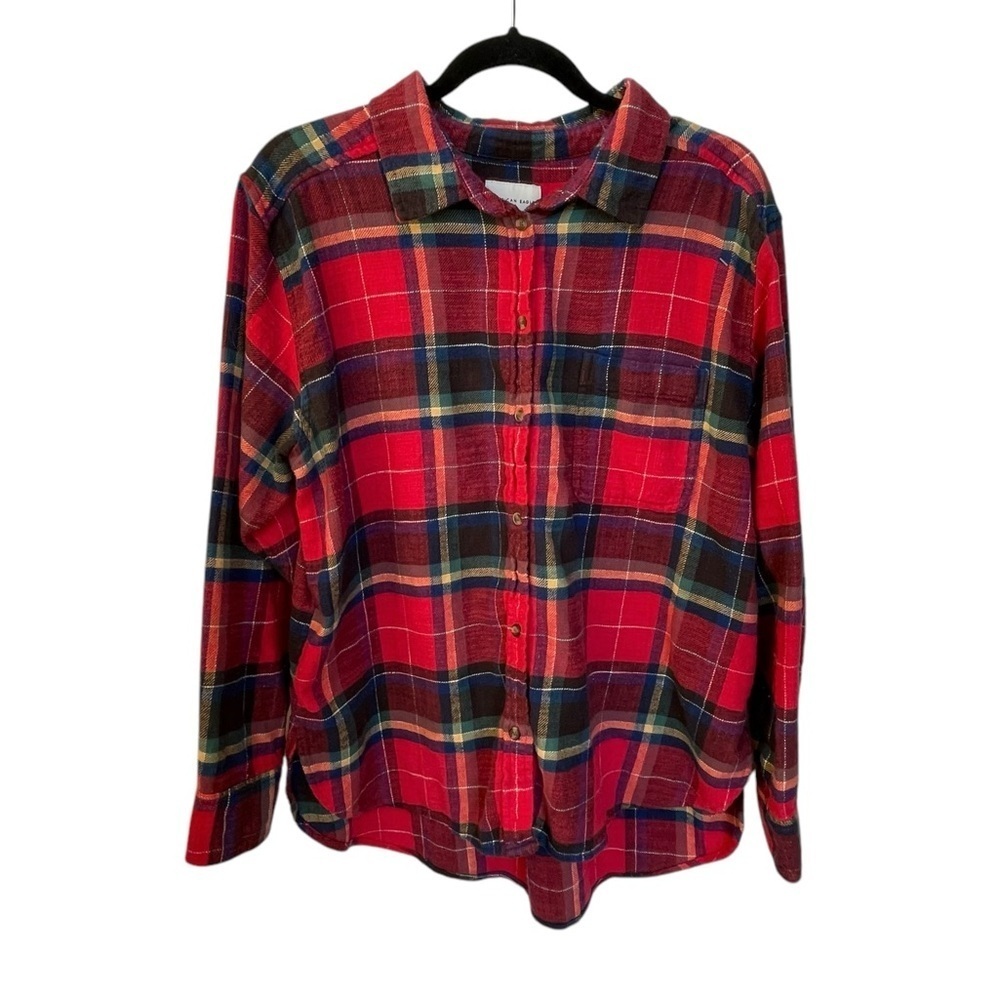 AEO Cotton Flannel Plaid Oversized Button Up Shirt Red L